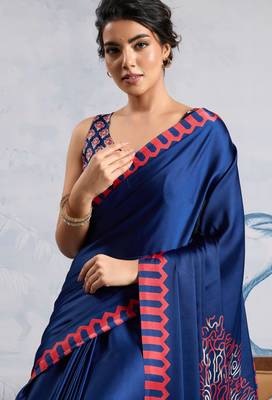 Navy blue satin poly silk printed bollywood-sarees 4