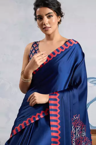 Navy blue satin poly silk printed bollywood-sarees