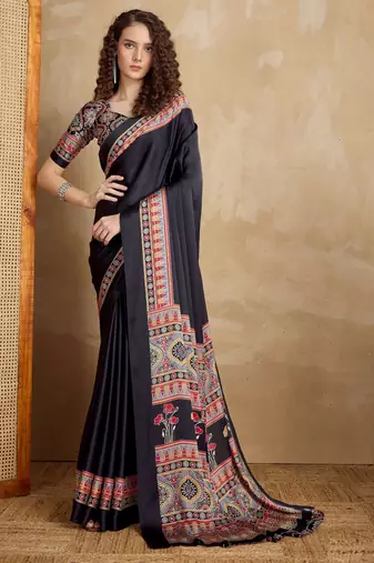 Black faux crepe printed party-wear-sarees