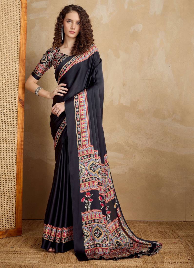 Black faux crepe printed party-wear-sarees