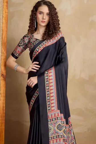 Black faux crepe printed party-wear-sarees