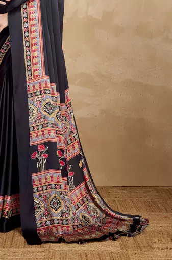 Black faux crepe printed party-wear-sarees