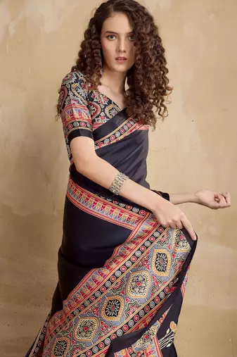 Black faux crepe printed party-wear-sarees