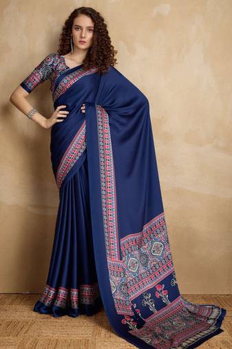 Navy blue faux crepe printed party-wear-sarees