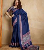 Navy blue faux crepe printed party-wear-sarees