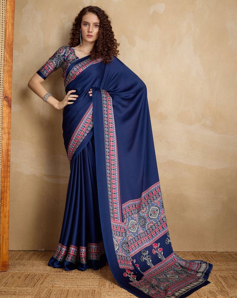 Navy blue faux crepe printed party-wear-sarees