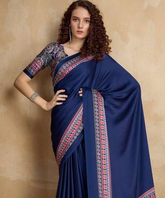 Navy blue faux crepe printed party-wear-sarees 2