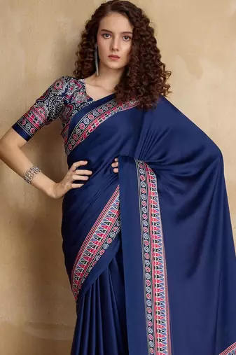 Navy blue faux crepe printed party-wear-sarees