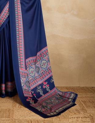 Navy blue faux crepe printed party-wear-sarees 3