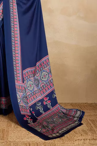 Navy blue faux crepe printed party-wear-sarees