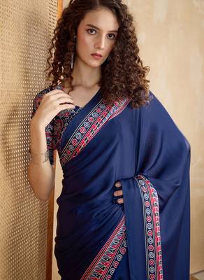 Navy blue faux crepe printed party-wear-sarees 4