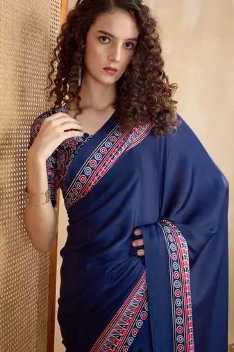 Navy blue faux crepe printed party-wear-sarees
