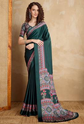 Dark green faux crepe printed party-wear-sarees 1