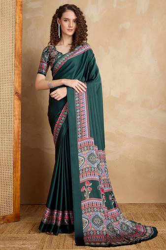 Dark green faux crepe printed party-wear-sarees
