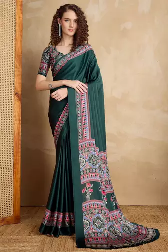 Dark green faux crepe printed party-wear-sarees
