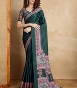 Dark green faux crepe printed party-wear-sarees