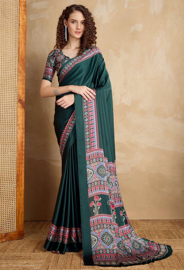 Dark green faux crepe printed party-wear-sarees