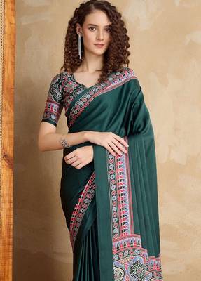 Dark green faux crepe printed party-wear-sarees 2