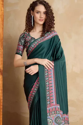 Dark green faux crepe printed party-wear-sarees