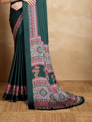Dark green faux crepe printed party-wear-sarees 3