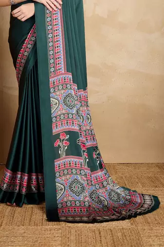 Dark green faux crepe printed party-wear-sarees
