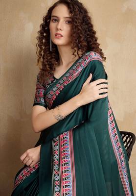Dark green faux crepe printed party-wear-sarees 4