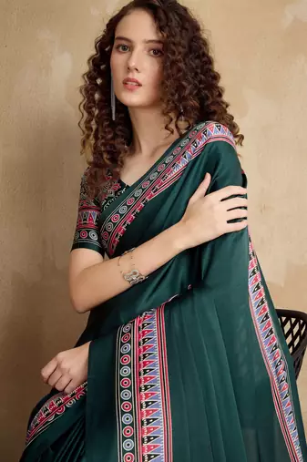 Dark green faux crepe printed party-wear-sarees