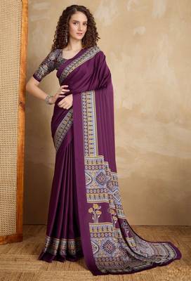 Purple faux crepe printed party-wear-sarees 1