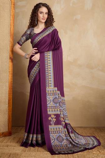 Purple faux crepe printed party-wear-sarees