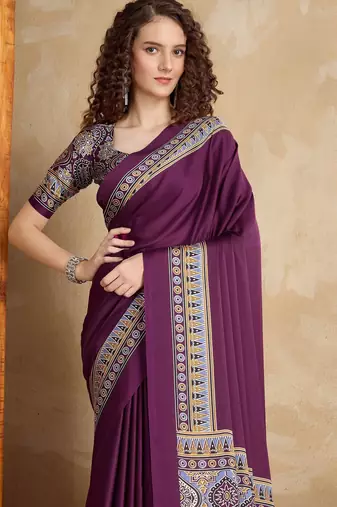 Purple faux crepe printed party-wear-sarees