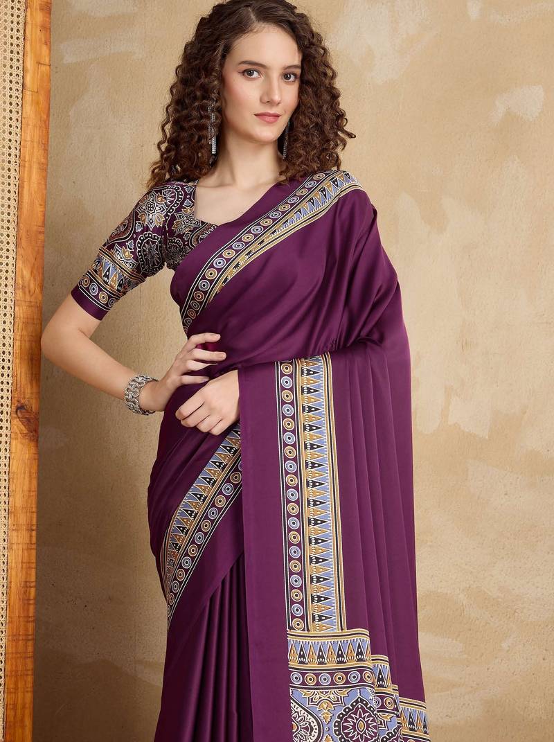 Purple faux crepe printed party-wear-sarees