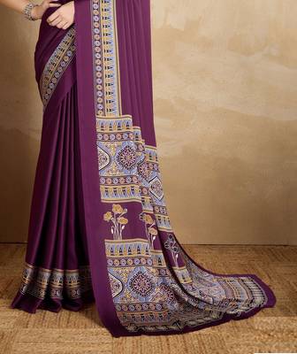 Purple faux crepe printed party-wear-sarees 3