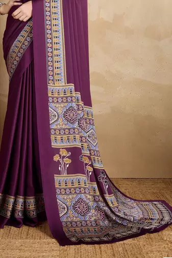 Purple faux crepe printed party-wear-sarees
