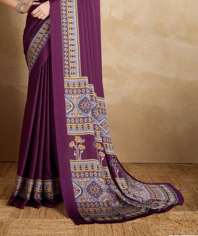 Purple faux crepe printed party-wear-sarees
