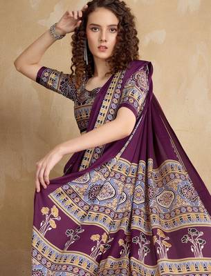 Purple faux crepe printed party-wear-sarees 4