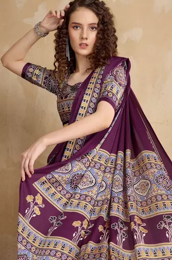 Purple faux crepe printed party-wear-sarees