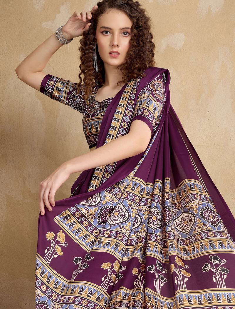 Purple faux crepe printed party-wear-sarees