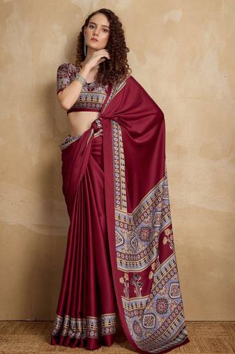 Maroon faux crepe printed patola-saris