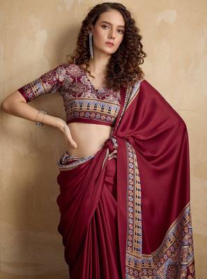 Maroon faux crepe printed patola-saris 4