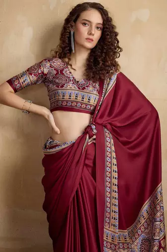 Maroon faux crepe printed patola-saris