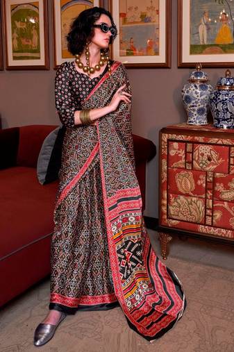 Multicolor faux crepe printed patola-saris