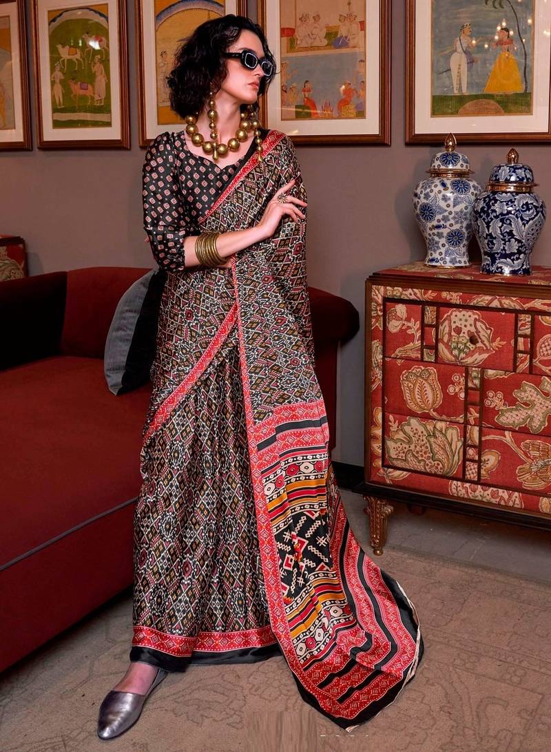 Multicolor faux crepe printed patola-saris