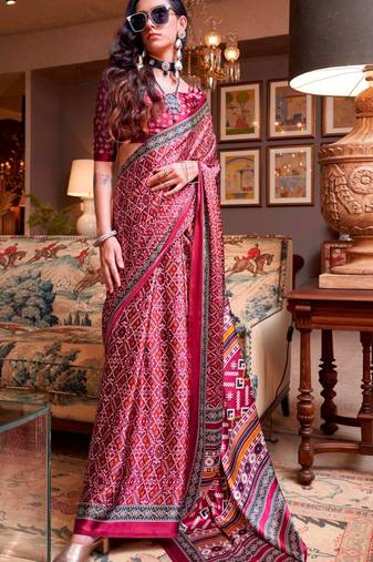 Pink faux crepe printed patola-saris