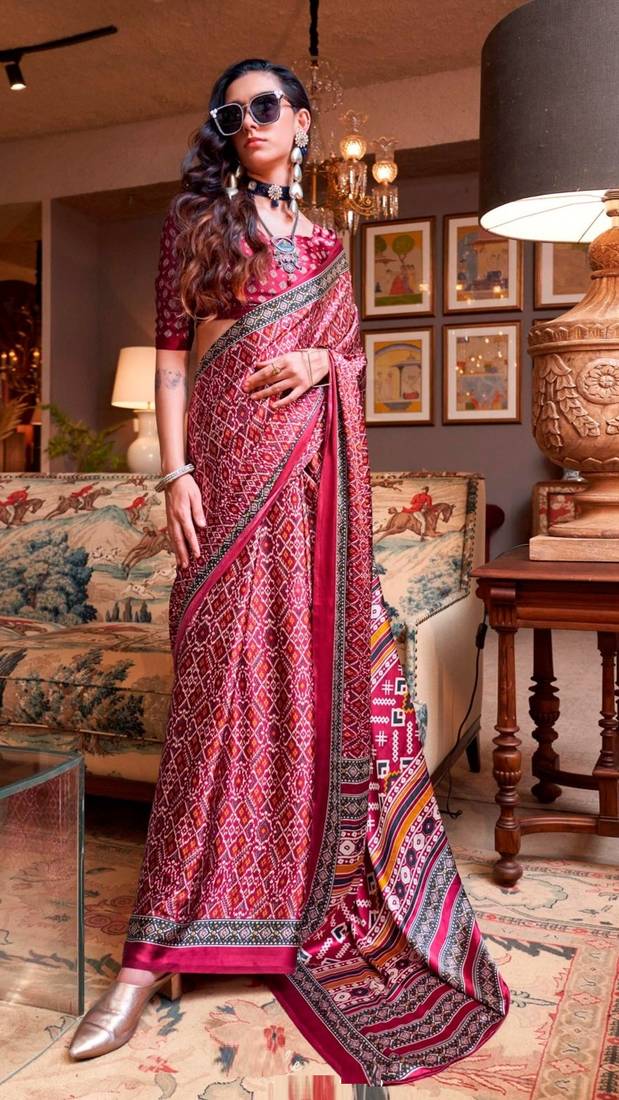 Pink faux crepe printed patola-saris