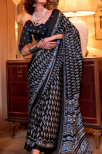 Black satin poly silk printed patola-saris