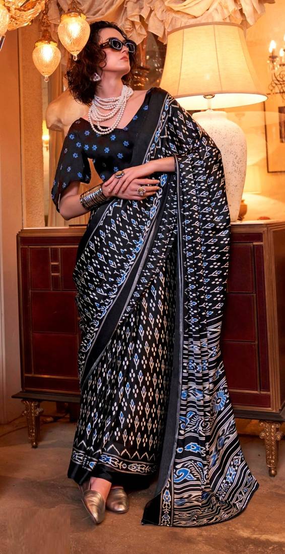 Black satin poly silk printed patola-saris