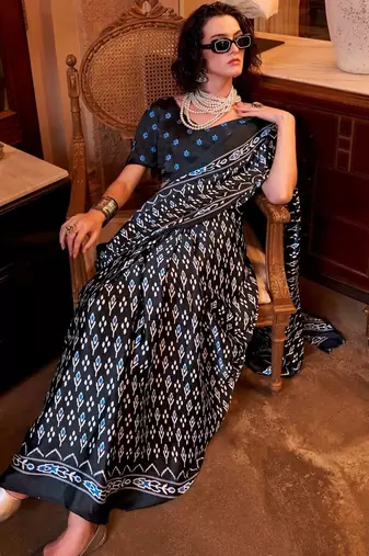 Black satin poly silk printed patola-saris