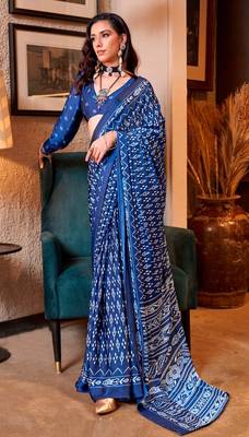 Blue satin poly silk printed patola-saris 1