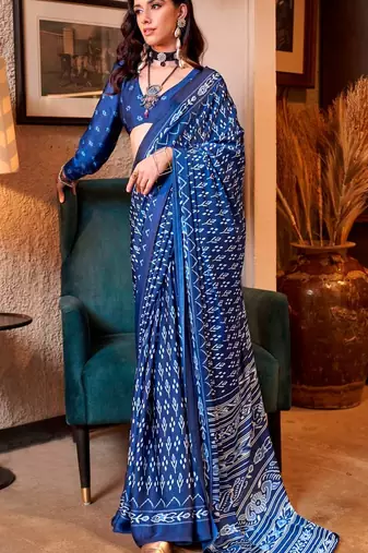 Blue satin poly silk printed patola-saris