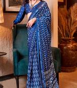 Blue satin poly silk printed patola-saris